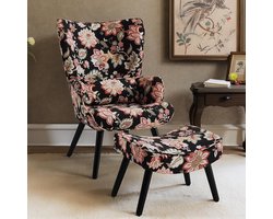 HomeMiYN Fauteuil met Voetenbank – Eénpersoons Loungestoel in Linnenlook Zwart met Rode Bloemen – Comfortabele Relax Stoel met Hocker – Vintage Design Stoel voor Woonkamer en Slaapkamer