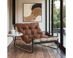 HomeMiYN Industriële 1-Zits Bank – Stalen Buis Frame Fauteuil – Comfortabele Solo Sofa in Koffie & Grijs Design – Compact Lounge Meubel voor Woonkamer