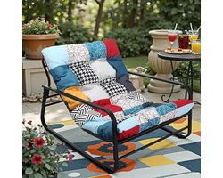 HomeMiYN Industriële 1-Zits Bank – Stalen Buis Frame Fauteuil – Patchwork Design Stoel – Kleurrijke Stoffen Bekleding – Comfortabele Lounge Stoel voor Woonkamer