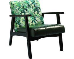 HomeMiYN Japanse Fauteuil – PU Leer & Linnen Look Patchwork Stoel – Donkergroen met Plantenprint Design – Zwarte Armleuningen – Lage Lounge Stoel