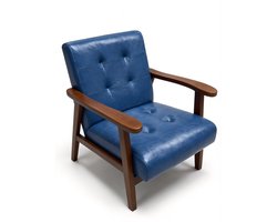 HomeMiYN Japanse Fauteuil – Wax PU Leer Lounge Stoel – Donkerblauw Design – Lage Zitstoel met Houten Frame – Comfortabele Relaxstoel voor Woonkamer