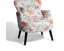 HomeMiYN Lounge Fauteuil – Linnen Look Bloemenprint Stoel – Oranje Bloemen Design – Comfortabele Armstoel met Hoge Rugleuning – Woonkamer & Slaapkamer Stoel