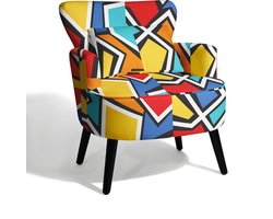 HomeMiYN Lounge Fauteuil – Linnen Look Geometrisch Bloemen Design Stoel – Moderne Patchwork Print Armstoel – Comfortabele Hoge Rugleuning Stoel voor Woonkamer en Slaapkamer