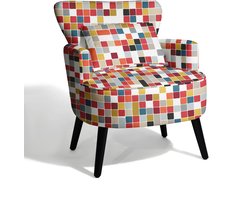 HomeMiYN Lounge Fauteuil – Linnen Look Mozaïek Design Stoel – Kleurrijke Patchwork Print Armstoel – Comfortabele Hoge Rugleuning Stoel voor Woonkamer en Slaapkamer