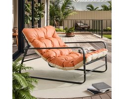 HomeMiYN Loungestoel met Stalen Frame – Teslindi Stof Oranje-Rood – Voor Woonkamer, Balkon, Tuin & Terras – 240kg – Ergonomisch