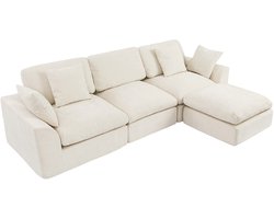 HomeMiYN Modulaire hoekbank - Crème beige hoekbank met chaise longue en voetenbank - Zachte chenille loungebank, diepe zit, flexibele modulaire bank voor woonkamer