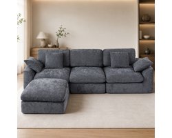 HomeMiYN Modulaire hoekbank - Grijze hoekbank met chaise longue en voetenbank - Moderne chenille loungebank, diepe zit, comfortabele modulaire bank voor woonkamer