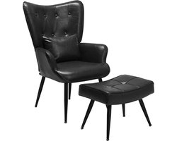 HomeMiYN Relaxfauteuil Zwart – Leren Lounge Stoel met Voetenbank, Comfortabele Relaxstoel met Hoge Rugleuning en Zachte Bekleding voor Woonkamer, Slaapkamer en Leeshoek