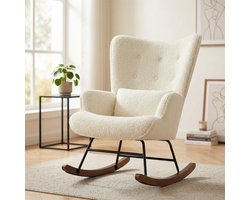HomeMiYN Schommelstoel – Crème Lus – Pluche Lussenstof Relaxstoel – Moderne Voedingsstoel met Armleuningen – Max 130 kg – Ergonomische Rugleuning 60 cm – Rubberhouten Poten – Voor Woonkamer & Slaapkamer