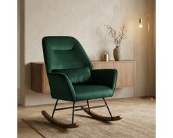 HomeMiYN Schommelstoel – Donkergroen – Fluweel Velvet Relaxstoel – Moderne Voedingsstoel met Armleuningen – Max 130 kg – Ergonomische Rugleuning – Rubberhouten Poten – Voor Woonkamer & Slaapkamer