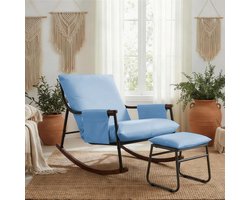 HomeMiYN Schommelstoel – Enkele Houten Armstoel – Blauw Tech Fabric – Comfortabele Schommelstoel voor Woonkamer, Balkon of Slaapkamer – Ergonomische Schommelstoel met Stevig Frame – Eenvoudige Montage