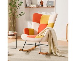 HomeMiYN Schommelstoel – Fluwelen Patchwork Design – Oranje-Geel Comfortabele Fauteuil – Hoge Rugleuning Wipstoel voor Woonkamer en Slaapkamer