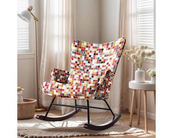 HomeMiYN Schommelstoel – Linnen Look Mozaïek Design Rocking Chair – Kleurrijke Patchwork Fauteuil – Comfortabele Wipstoel met Hoge Rugleuning voor Woonkamer en Slaapkamer