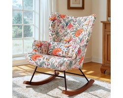 HomeMiYN Schommelstoel – Linnen Look Oranje Bloemen Design Rocking Chair – Warme Bloemen Fauteuil – Comfortabele Wipstoel met Hoge Rugleuning voor Woonkamer en Slaapkamer