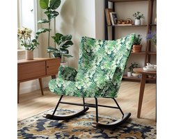 HomeMiYN Schommelstoel – Linnen Look Planten Design Rocking Chair – Groene Botanische Fauteuil – Comfortabele Wipstoel met Hoge Rugleuning voor Woonkamer en Slaapkamer