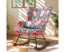 HomeMiYN Schommelstoel – Linnen Look Rozen Design Rocking Chair – Romantische Bloemen Fauteuil – Comfortabele Wipstoel met Hoge Rugleuning voor Woonkamer en Slaapkamer