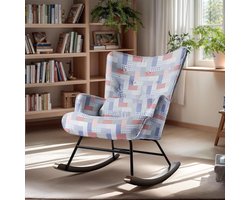 HomeMiYN Schommelstoel – Linnen Look Ruit & Strepen Design Rocking Chair – Geruit Patchwork Fauteuil – Comfortabele Wipstoel met Hoge Rugleuning voor Woonkamer en Slaapkamer