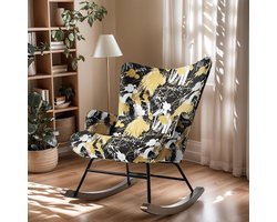 HomeMiYN Schommelstoel – Linnen Look Zwart Goud Letter Graffiti Rocking Chair – Moderne Design Fauteuil – Comfortabele Wipstoel met Hoge Rugleuning voor Woonkamer en Slaapkamer