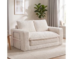 HomeMiYN Slaapbank - Beige 2 persoons slaapbank met corduroy bekleding, ombouwbare bank naar bed, compacte loungebank voor woonkamer slaapkamer