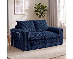 HomeMiYN Slaapbank - Donkerblauwe 2 persoons slaapbank met zachte corduroy stof, slaapbank voor woonkamer, comfortabele ombouwbare loungebank