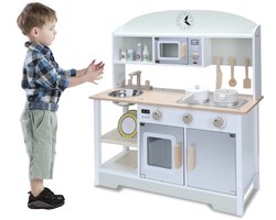 HomeMiYN Speelgoed Keuken – Kinderkeuken Hout in Japanse Stijl Grijs – Speelkeuken met Oven en Magnetron – Educatief Keukenspeelgoed voor Kinderen