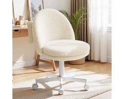 Homeoffice Make-upstoel, bureaustoel, draaibaar, zonder armleuningen, met rugsteun, comfortabele bureaustoel op wieltjes, in hoogte verstelbaar, wit fleece