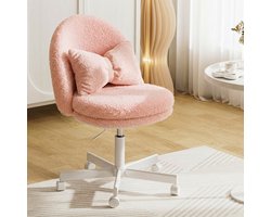 Homeoffice stoel, make-upstoel, bureaustoel zonder armleuningen, draaistoel met rugsteun, comfortabele bureaustoel op wieltjes, in hoogte verstelbaar, fleece roze