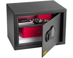 HomeSafe HV25E Meubelkluis Elektronisch Slot met Noodsleutel 3mm Stalen Deur Zwart RAL 9005 Inclusief Uitneembare Plank en Tapijt Veiligheidskluis voor Documenten Geld en Sieraden met Montagebouten Privékluis voor Thuis en Kantoor