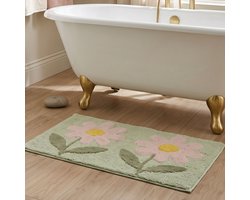 Homescapes Bloemen-badmat 50 x 80 cm – Badmat van 100% katoen, groen en roze