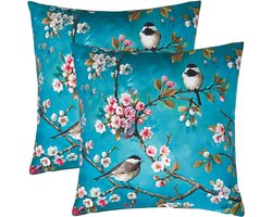 Homescapes buitenkussens – set van 2 tuinkussens & sierkussens voor tuin – waterafstotend & weerbestendig – 45x45 cm – blauw, “Vogels & Bloementakken” – voor tuin & terras