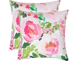 Homescapes buitenkussens – set van 2 tuinkussens & sierkussens voor tuin – waterafstotend & weerbestendig – 45x45 cm – roze, “Peony” – voor tuin & terras