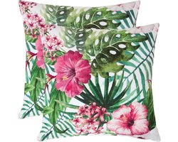 Homescapes buitenkussens – set van 2 tuinkussens & sierkussens voor tuin – waterafstotend & weerbestendig – 45x45 cm – veelkleurig, “Hibiscus” – voor tuin & terras