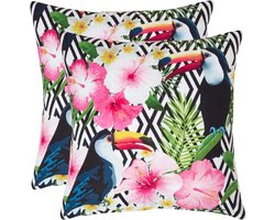 Homescapes buitenkussens – set van 2 tuinkussens & sierkussens voor tuin – waterafstotend & weerbestendig – 45x45 cm – veelkleurig/zwart, “Toucan” – voor tuin & terras