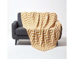 Homescapes Chevron Bedsprei 100% Katoen Mosterd/Crème Wit 150 x 200 cm