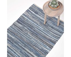 Homescapes Denim patchwork vloerkleed blauw gestreept, 70x120 cm – handgeweven vloerkleed van gerecycled denim