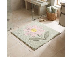 Homescapes Flower-douchemat 50 x 50 cm – Badmat van 100% katoen, groen en roze