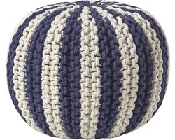 Homescapes - Gebreide ronde poef - Streepdesign - Katoen - Donkerblauw en wit - 35 x 40 cm
