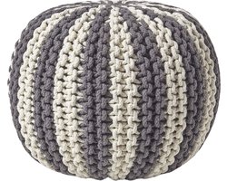 Homescapes - Gebreide ronde poef - Streepdesign - Katoen - Grijs-wit - 35 x 40 cm