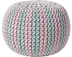Homescapes - Gebreide ronde poef - Streepdesign - Katoen - Licht blauw-roze - 35 x 40 cm