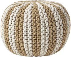 Homescapes - Gebreide ronde poef - Streepdesign - Katoen - linnen-wit - 35 x 40 cm