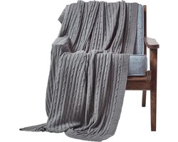 Homescapes Grijze kabelgebreide katoenen deken 130 x 170 cm