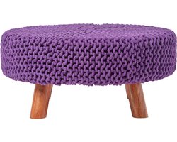 Homescapes Grote gebreide kruk met houten poten, 62 x 62 x 30 cm, paars