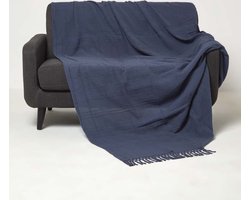 Homescapes Kashi deken 150 x 200 cm - katoenen deken / plaid blauw met franjes
