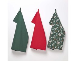 Homescapes Kersttheedoeken Kerst Bosgroen Set van 3