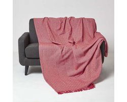 Homescapes Malda sprei rood met franjes 225 x 255 cm - katoenen deken ruitpatroon