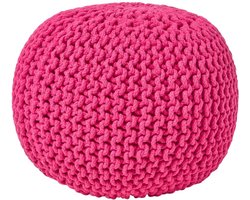 Homescapes Rond gebreide poef 100% katoen - Hete Roze - 35x40 cm