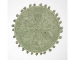 Homescapes ronde badmat bloem, 60 cm - badmat saliegroen met pompons
