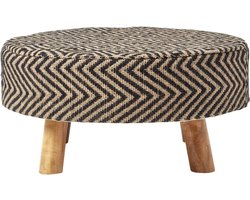 Homescapes Ronde jute kruk met houten poten – etnisch patroon zwart-naturel, 62 x 62 x 30 cm