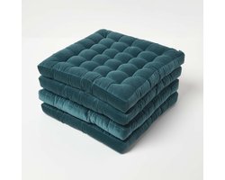 Homescapes stoelkussens – set van 4 zitkussens – fluweel – blauwgroen – 40x40 cm – met lint – voor eetkamer & buitengebruik