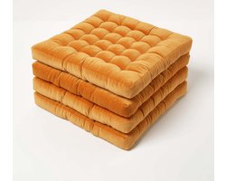 Homescapes stoelkussens – set van 4 zitkussens – fluweel – oranje – 40x40 cm – met lint – voor eetkamer & buitengebruik